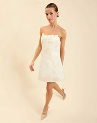 Liezel Convertible Mini Dress in Ivory taffeta with tonal floral embroidery, removable balloon sleeves, and detachable Watteau-style train.