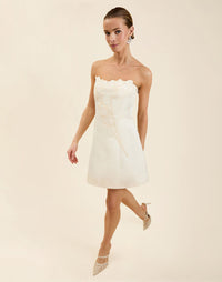 Liezel Convertible Mini Dress in Ivory taffeta with tonal floral embroidery, removable balloon sleeves, and detachable Watteau-style train.