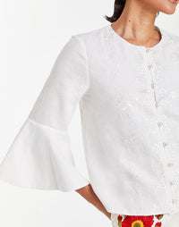 Modern Barong blouse with Butterfly sleeves in breathable linen blend with heritage-inspired embroidery 