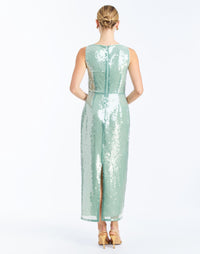 Back - Lillian Convertible Gown in Aquarelle Blue is a sequin column gown with removable cape and bow details.
