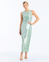 Front - Lillian Convertible Gown in Aquarelle Blue is a sequin column gown with removable cape and bow details.