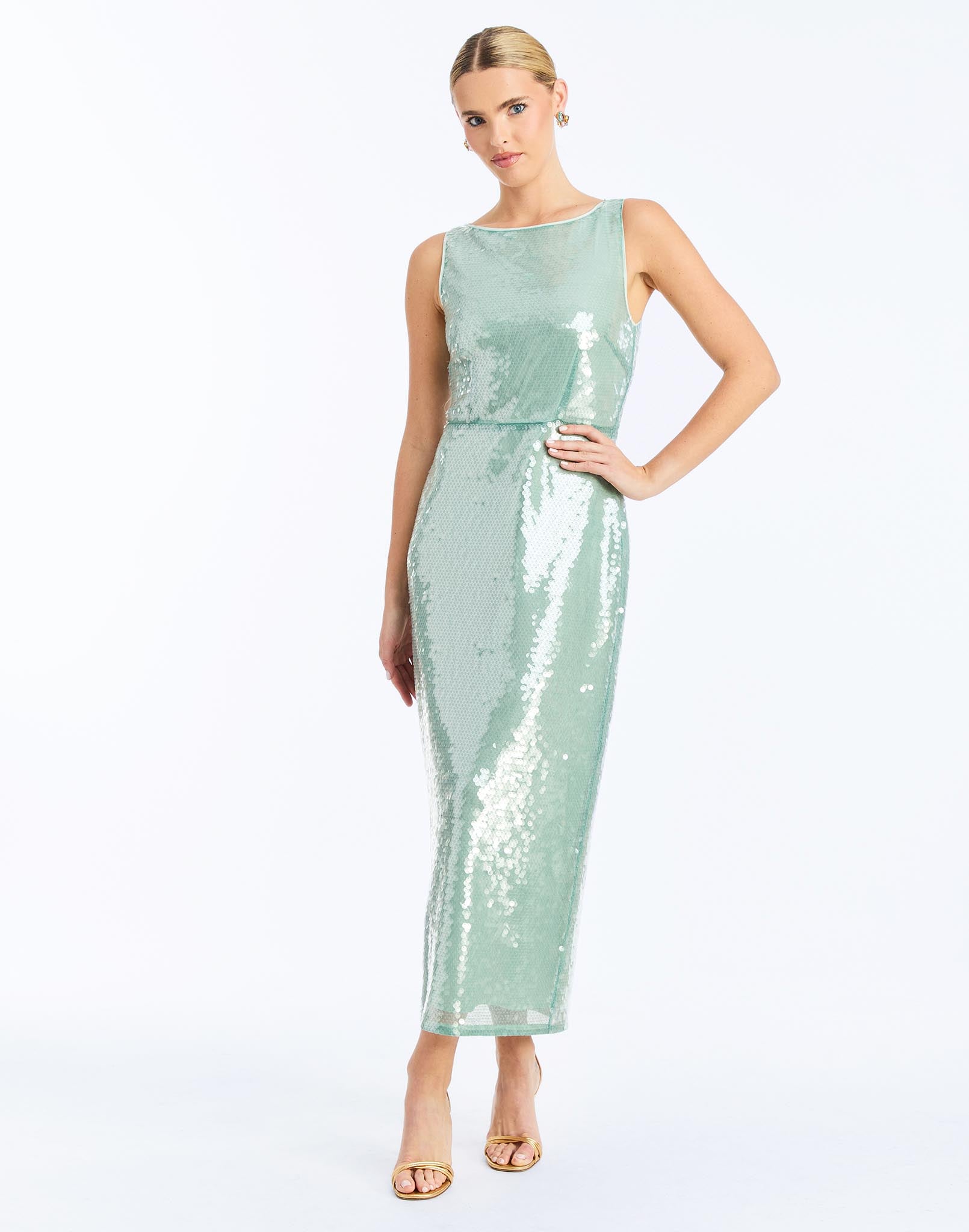 Front - Lillian Convertible Gown in Aquarelle Blue is a sequin column gown with removable cape and bow details.