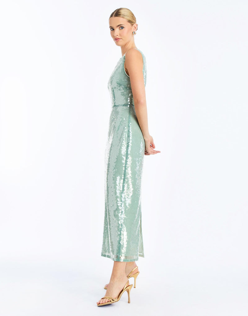 Side - Lillian Convertible Gown in Aquarelle Blue is a sequin column gown with removable cape and bow details.