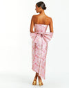 Strapless midi dress in pink metallic jacquard with removable bow belt. 