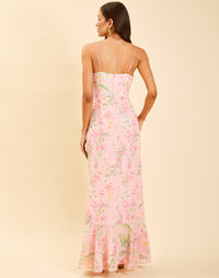 Love Letter Gown in Rose Vines chiffon with cascading ruffle skirt, rosette waist appliqué, adjustable spaghetti straps, and V-neckline.