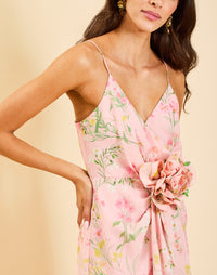 Love Letter Gown in Rose Vines chiffon with cascading ruffle skirt, rosette waist appliqué, adjustable spaghetti straps, and V-neckline.