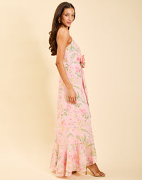 Love Letter Gown in Rose Vines chiffon with cascading ruffle skirt, rosette waist appliqué, adjustable spaghetti straps, and V-neckline.