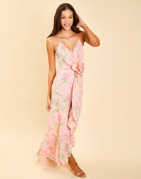 Love Letter Gown in Rose Vines chiffon with cascading ruffle skirt, rosette waist appliqué, adjustable spaghetti straps, and V-neckline.