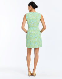 Back - Loverde Fit-and-Flare Mini Dress in Trellis Verte is an asymmetrical cocktail mini dress with gold hardware and fit-and-flare silhouette.