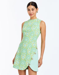 Front - Loverde Fit-and-Flare Mini Dress in Trellis Verte is an asymmetrical cocktail mini dress with gold hardware and fit-and-flare silhouette.