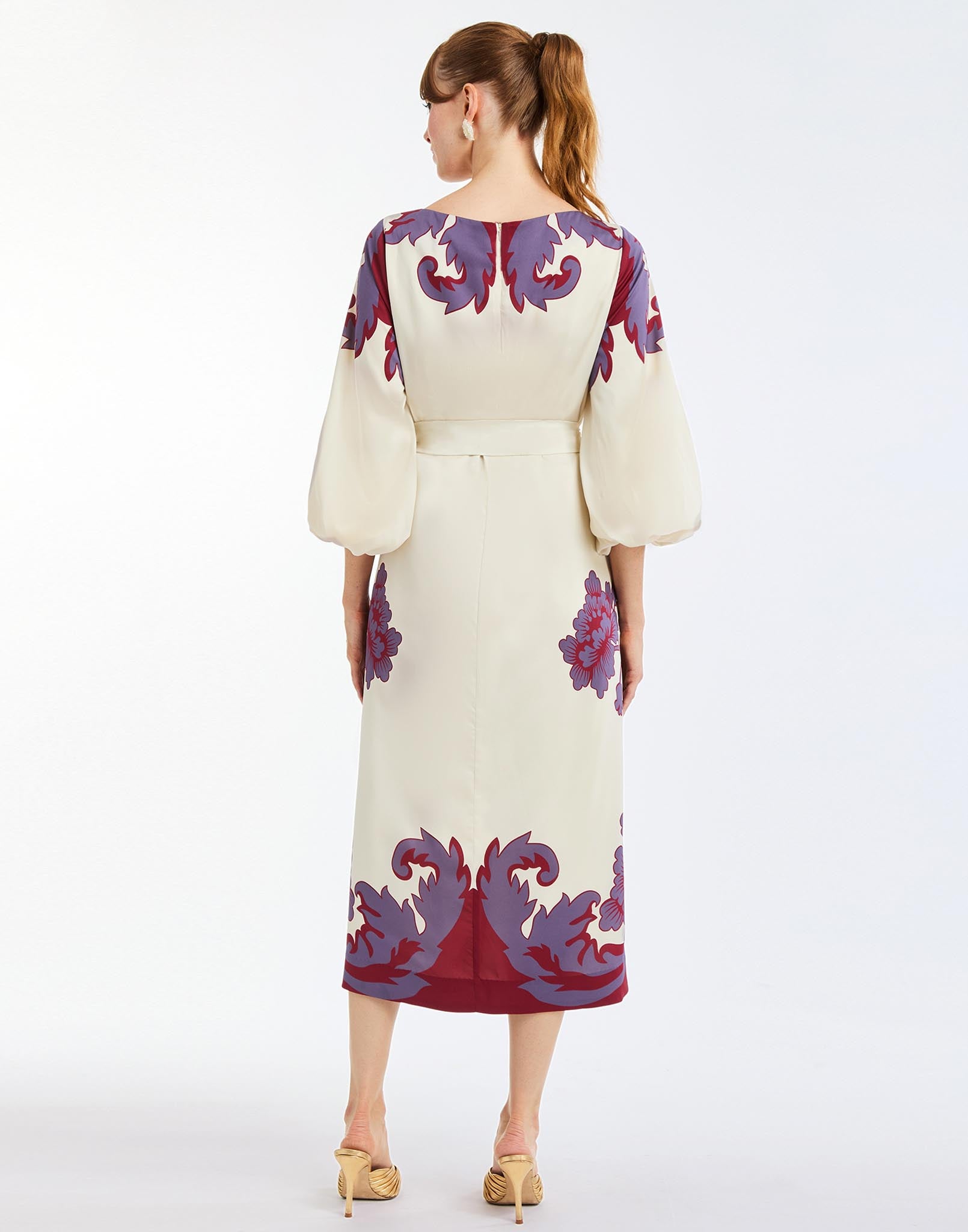 Luzon Midi Dress in Mulberry Arbor back – A-line midi dress with crew neckline, balloon sleeves, sash belt, and side pockets by Mestiza New York.