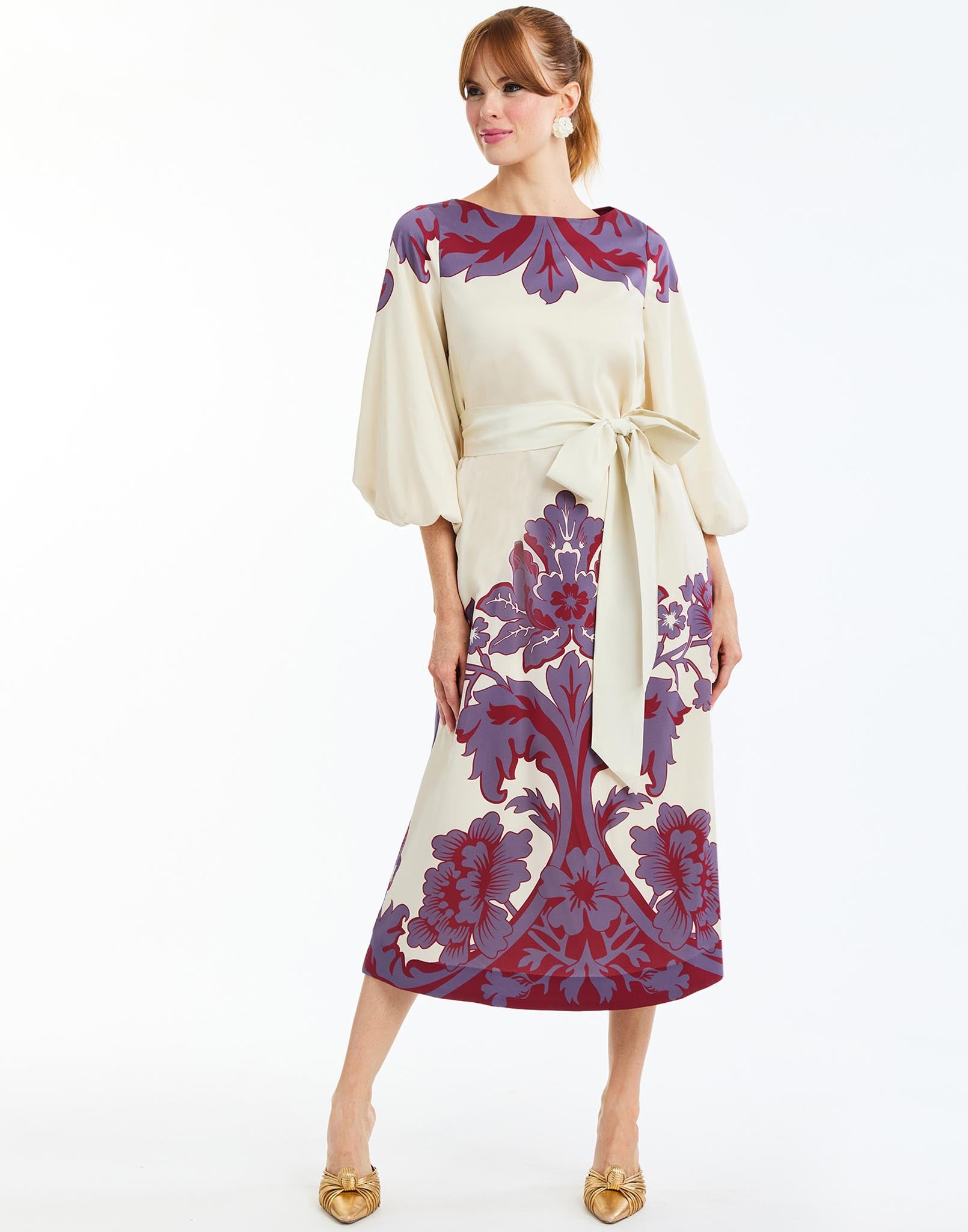 Luzon Midi Dress in Mulberry Arbor front – A-line midi dress with crew neckline, balloon sleeves, sash belt, and side pockets by Mestiza New York.