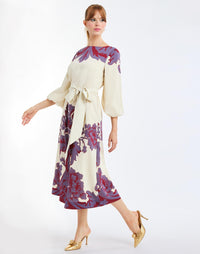 Luzon Midi Dress in Mulberry Arbor side – A-line midi dress with crew neckline, balloon sleeves, sash belt, and side pockets by Mestiza New York.