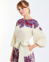 Luzon Midi Dress in Mulberry Arbor detail – A-line midi dress with crew neckline, balloon sleeves, sash belt, and side pockets by Mestiza New York.