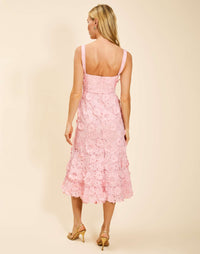 Manila Lace Midi Dress in Blush Pink guipure lace with 3D floral detailing, scalloped neckline and hem, and fitted bodice with boning.