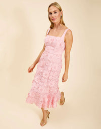 Manila Lace Midi Dress in Blush Pink guipure lace with 3D floral detailing, scalloped neckline and hem, and fitted bodice with boning.