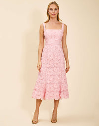 Manila Lace Midi Dress in Blush Pink guipure lace with 3D floral detailing, scalloped neckline and hem, and fitted bodice with boning.