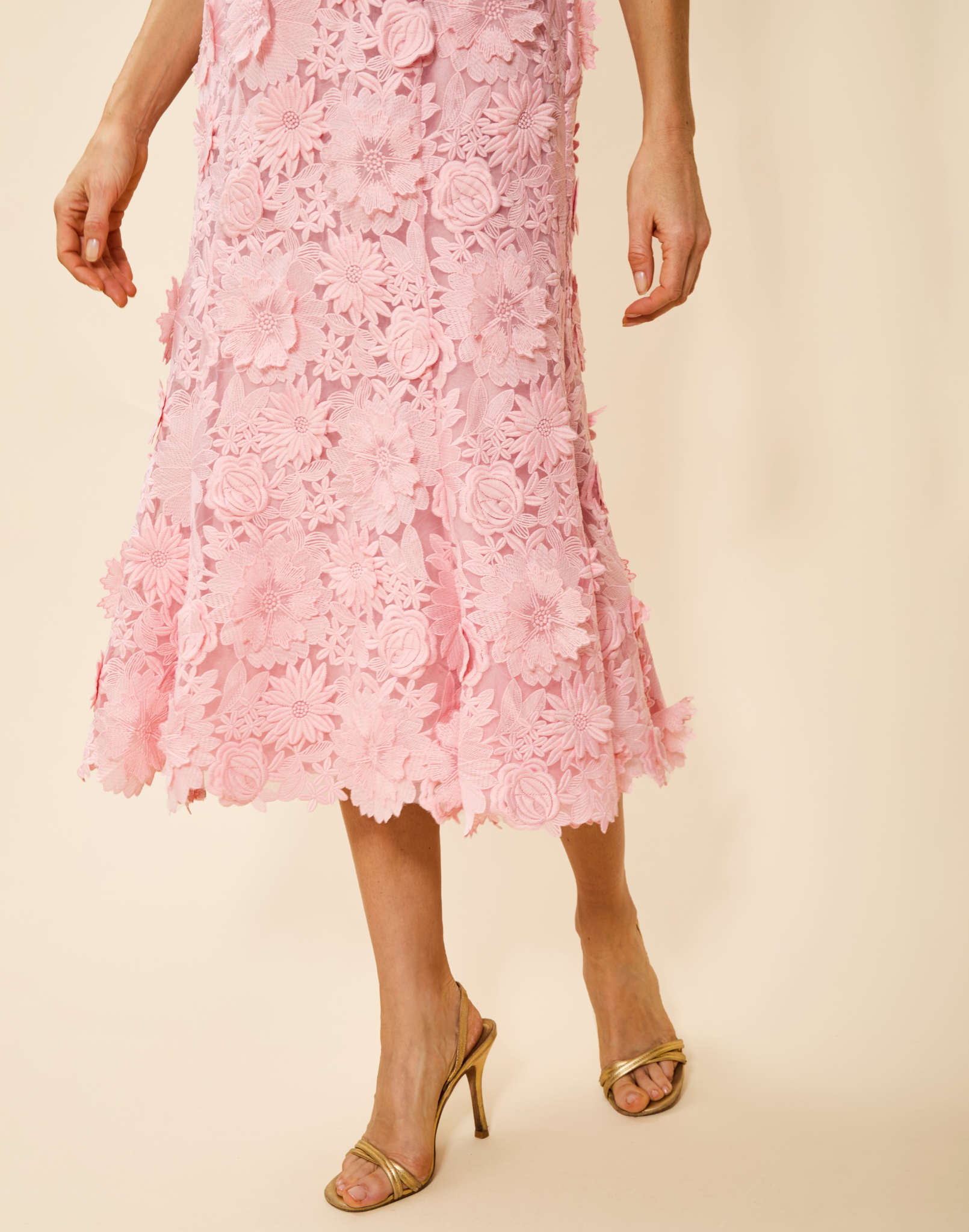 Manila Lace Midi Dress in Blush Pink guipure lace with 3D floral detailing, scalloped neckline and hem, and fitted bodice with boning.