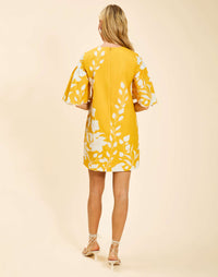 Marianna Shift Mini Dress in Huckleberry Yellow poplin with scalloped elbow-length sleeves, ruffle detail, and shift silhouette.