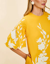Marianna Shift Mini Dress in Huckleberry Yellow poplin with scalloped elbow-length sleeves, ruffle detail, and shift silhouette.