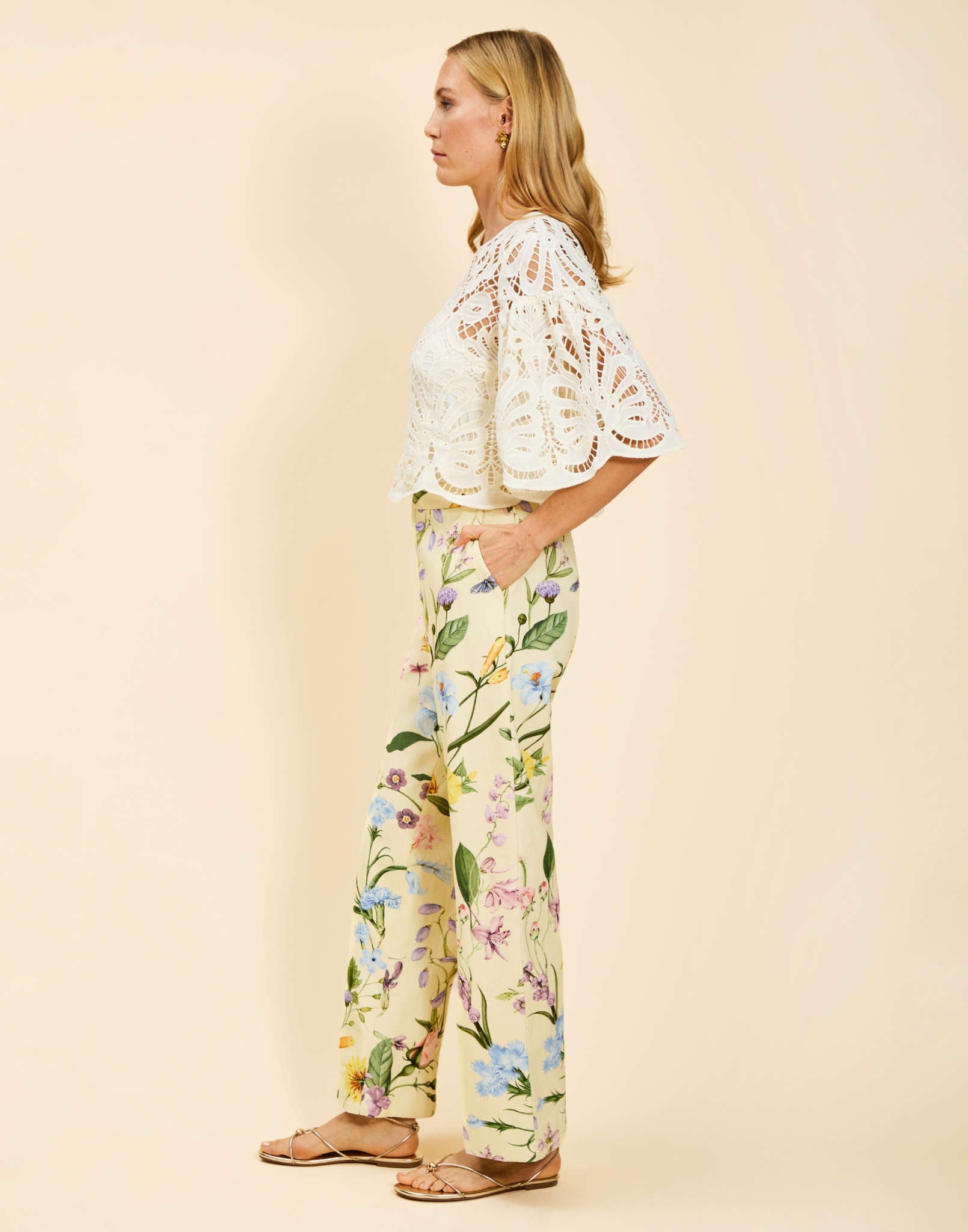 Antonella Pants in Blooming Vine canvas with high-waisted fit, straight-leg silhouette, slash side pockets, and concealed side zipper.