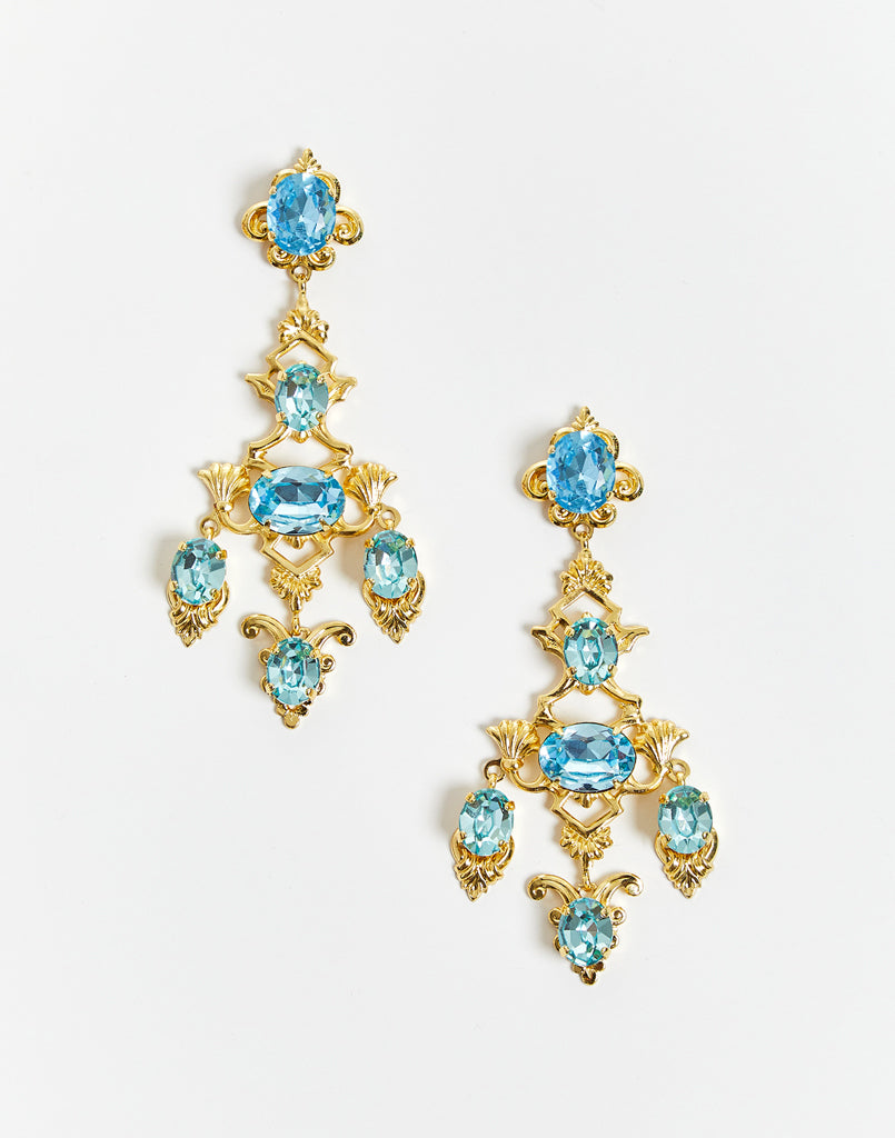 gold plated chandelier earrings with blue gemstones