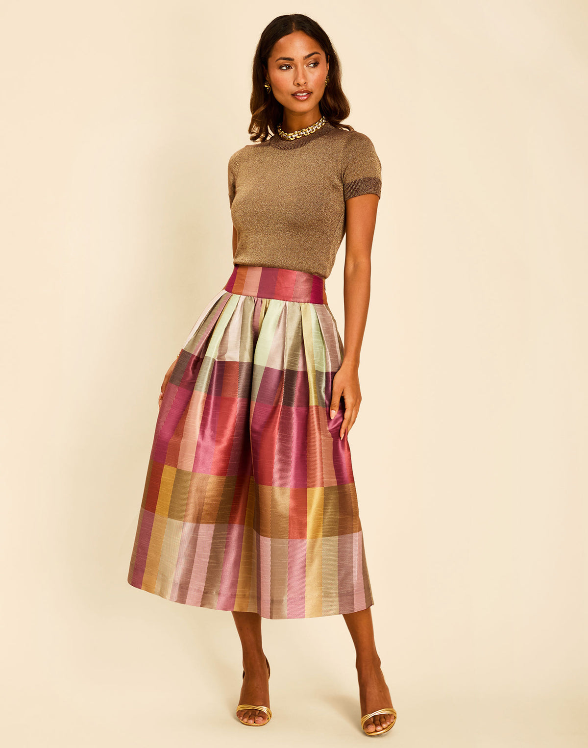 Miranda Ball Midi Skirt in Royal Tartan with a wide high waistband and voluminous ball skirt silhouette.
