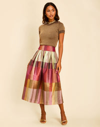 Miranda Ball Midi Skirt in Royal Tartan with a wide high waistband and voluminous ball skirt silhouette.
