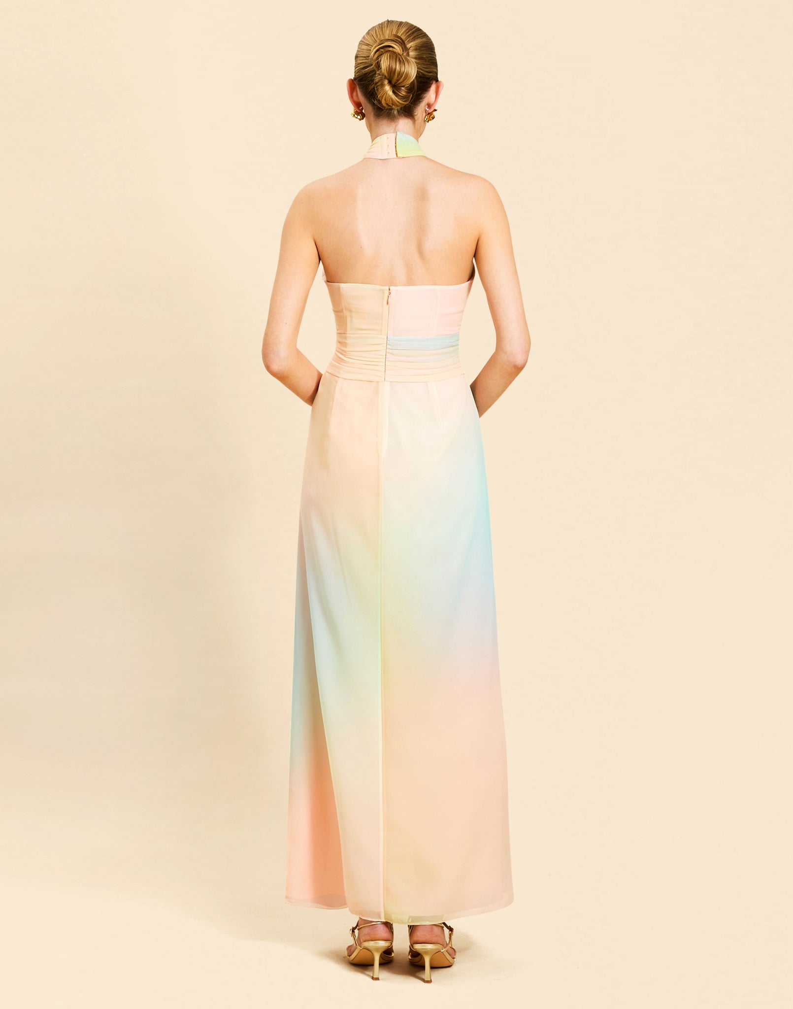 Mojito Halter Gown in Sorbet Haze chiffon with crossed halter neckline, wrapped bodice, and draped front detail.