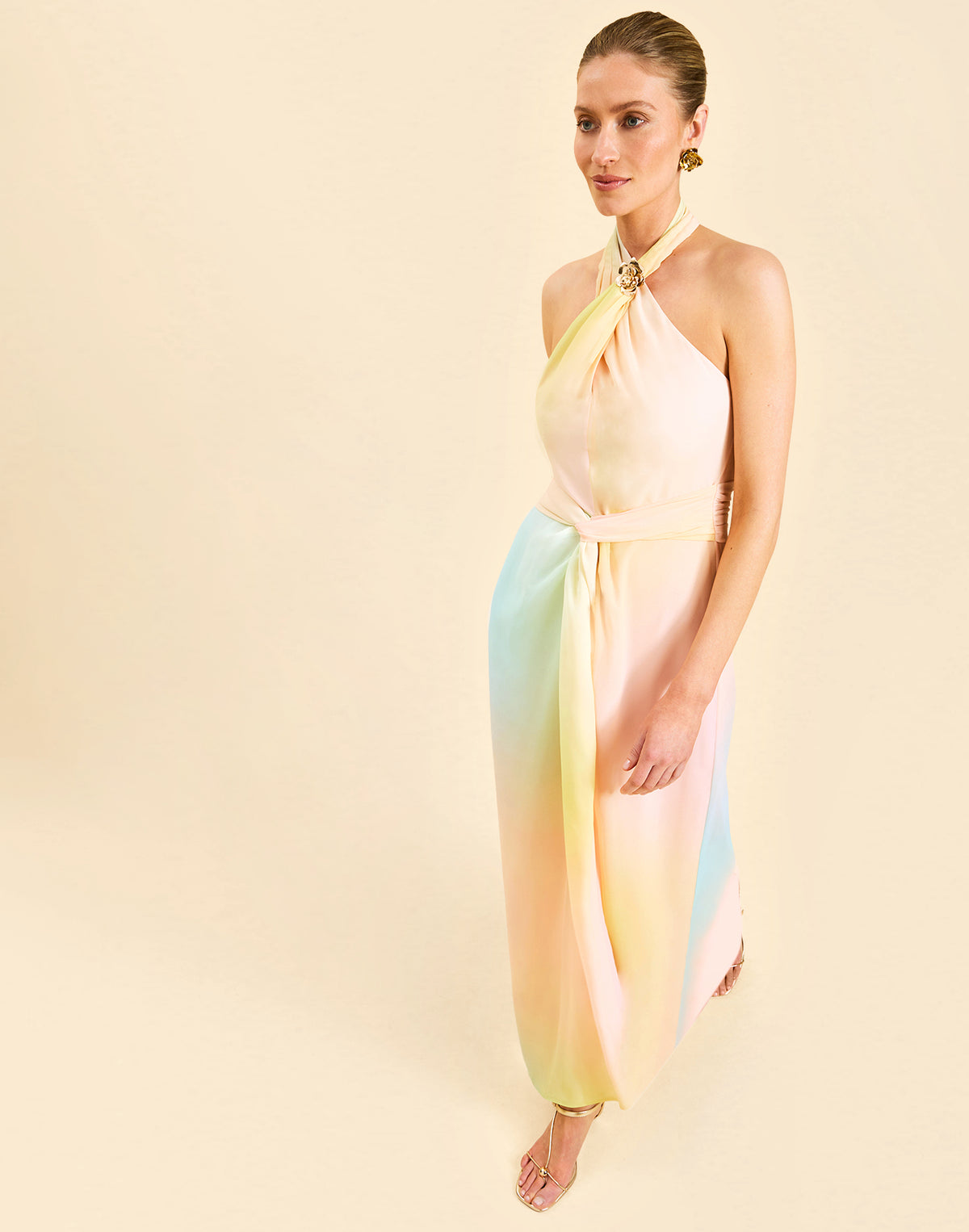 Mojito Halter Gown in Sorbet Haze chiffon with crossed halter neckline, wrapped bodice, and draped front detail.