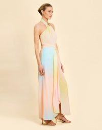 Mojito Halter Gown in Sorbet Haze chiffon with crossed halter neckline, wrapped bodice, and draped front detail.