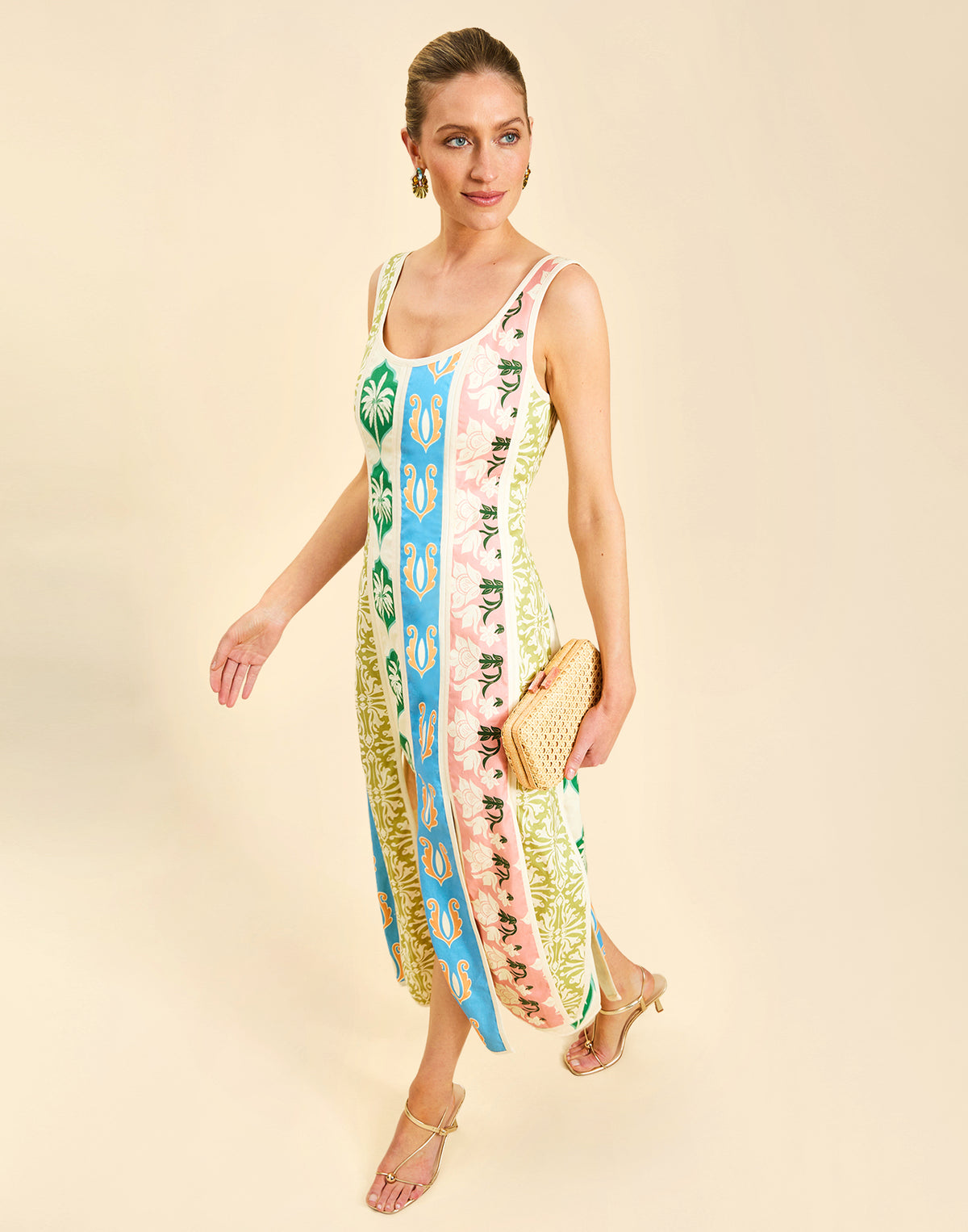 Monte Carlo Midi Dress in Beach Bazaar linen with scoop neckline, sleeveless silhouette, and bias panel skirt detail.