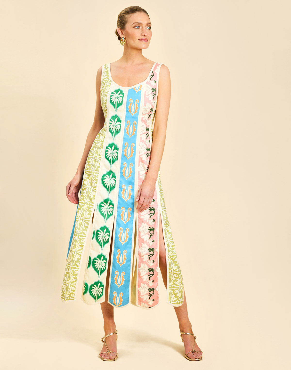 Monte Carlo Midi Dress in Beach Bazaar linen with scoop neckline, sleeveless silhouette, and bias panel skirt detail.
