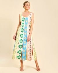 Monte Carlo Midi Dress in Beach Bazaar linen with scoop neckline, sleeveless silhouette, and bias panel skirt detail.