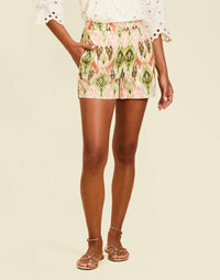 Naomi Shorts in Sweet Pea Ikat cotton poplin with high waist, tailored fit, and everyday short silhouette.
