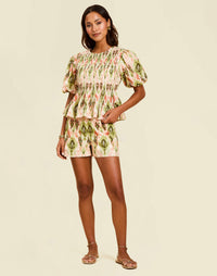 Naomi Shorts in Sweet Pea Ikat cotton poplin with high waist, tailored fit, and everyday short silhouette.