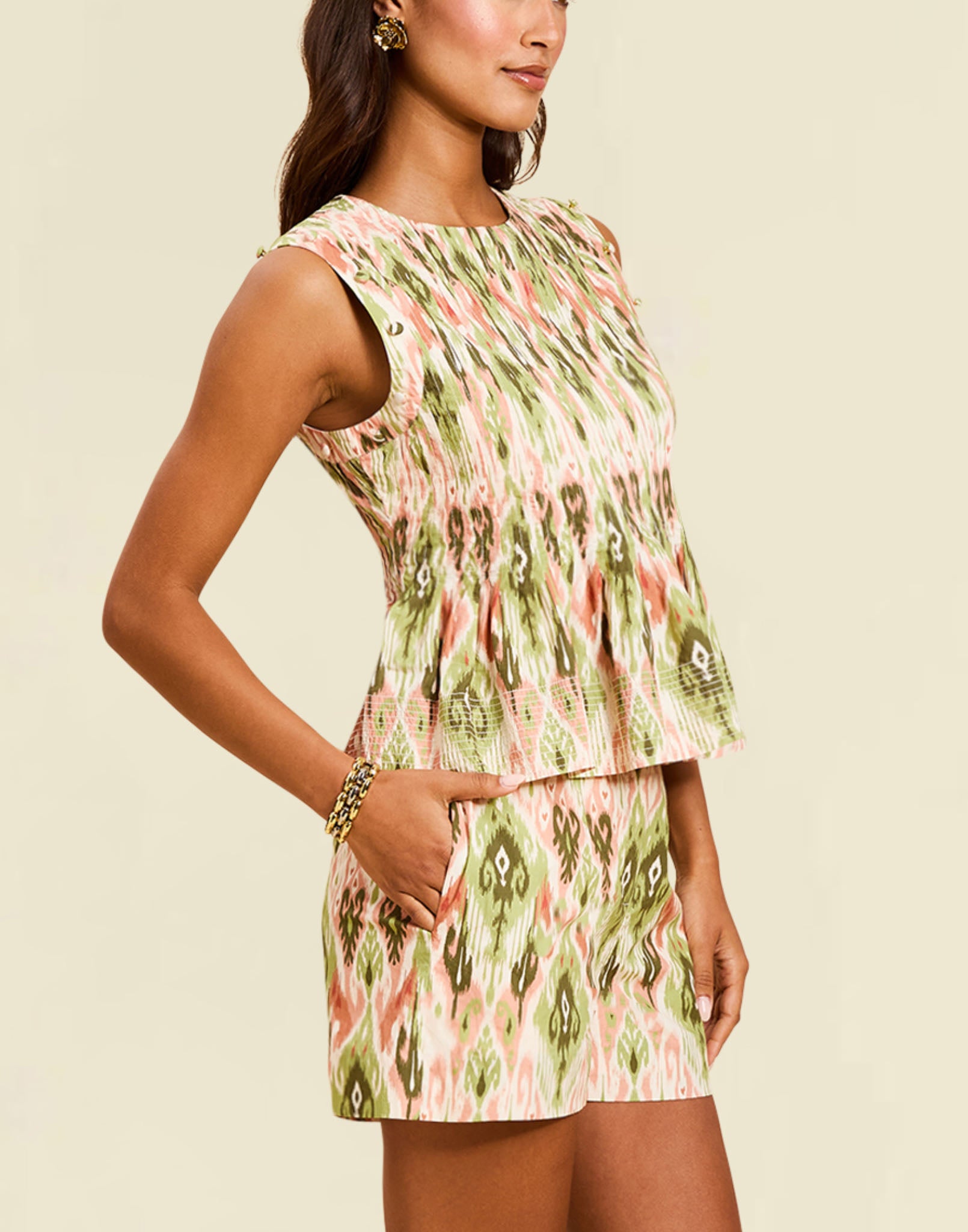 Naomi Shorts in Sweet Pea Ikat cotton poplin with high waist, tailored fit, and everyday short silhouette.