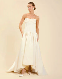 Nereida Dropwaist Gown in Ivory taffeta with strapless neckline, tonal floral embroidery, drop-waist silhouette, and high-low skirt with train.