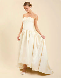 Nereida Dropwaist Gown in Ivory taffeta with strapless neckline, tonal floral embroidery, drop-waist silhouette, and high-low skirt with train.