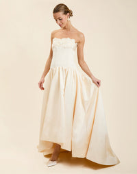 Nereida Dropwaist Gown in Ivory taffeta with strapless neckline, tonal floral embroidery, drop-waist silhouette, and high-low skirt with train.