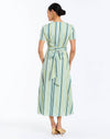 Back - Nolita Wrap Dress in Catena Stripe cocktail midi with faux wrap waist, gold hardware, and short sleeves.