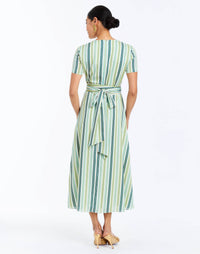 Back - Nolita Wrap Dress in Catena Stripe cocktail midi with faux wrap waist, gold hardware, and short sleeves.