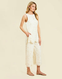 Oceane Pant in Ivory broderie anglaise with high waist, cropped wide-leg silhouette, and scalloped hem detail.