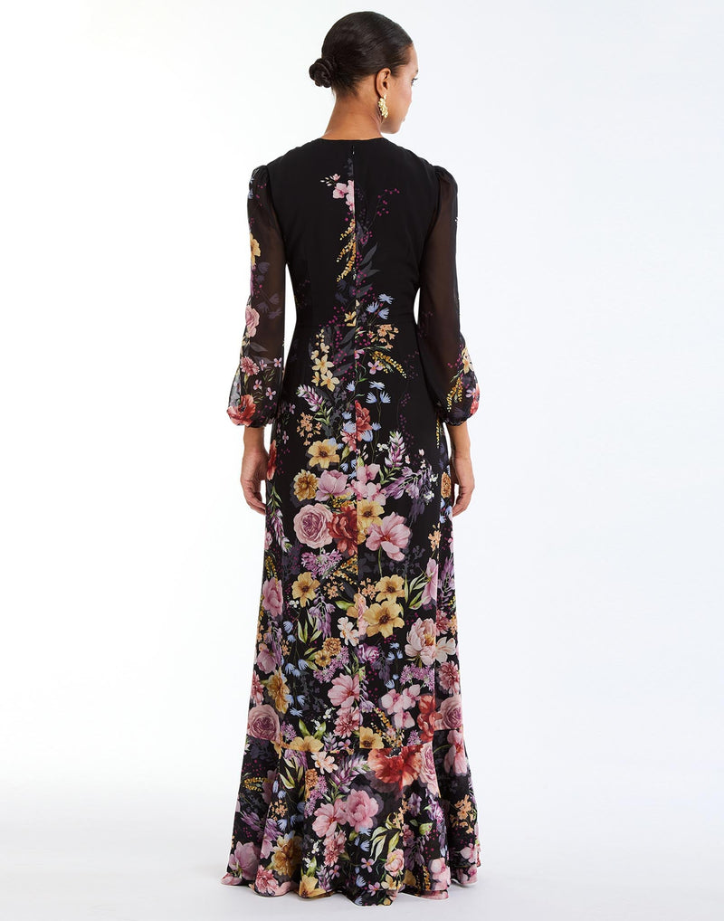 Ophelia Chiffon Gown in Twilight Florals back – chiffon evening gown with twisted keyhole neckline, sheer balloon sleeves, and cascading ruffle skirt by Mestiza New York.