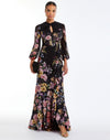 Ophelia Chiffon Gown in Twilight Florals front – chiffon evening gown with twisted keyhole neckline, sheer balloon sleeves, and cascading ruffle skirt by Mestiza New York.