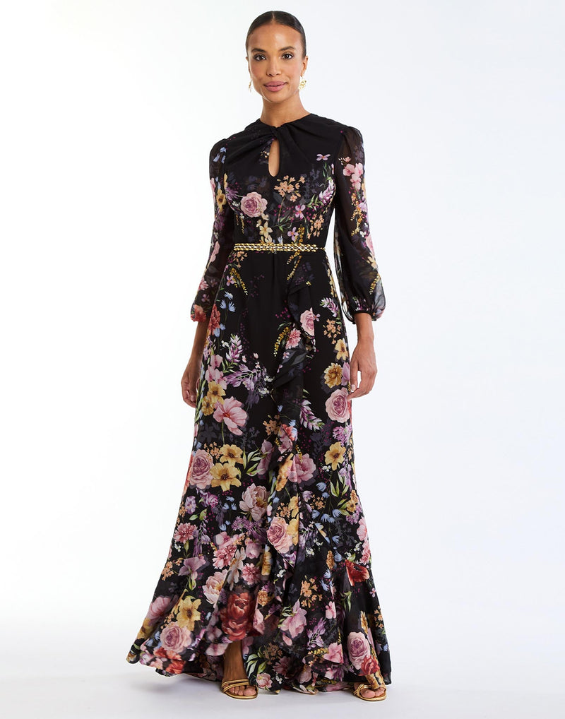 Ophelia Chiffon Gown in Twilight Florals full body – chiffon evening gown with twisted keyhole neckline, sheer balloon sleeves, and cascading ruffle skirt by Mestiza New York.