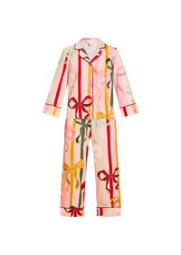 Gigi Bow Print Pajamas in Wrapped Bows with a button-front top, contrast piping, and relaxed full-length pant.