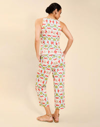 Model wearing the Palau Cigarette Pant in Quatrefoil Sierra print, featuring a slim-fit cropped silhouette, tailored front pleat detailing, side seam pockets, and crisp poplin fabrication.
