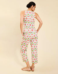 Model wearing the Palau Cigarette Pant in Quatrefoil Sierra print, featuring a slim-fit cropped silhouette, tailored front pleat detailing, side seam pockets, and crisp poplin fabrication.