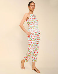 Model wearing the Palau Cigarette Pant in Quatrefoil Sierra print, featuring a slim-fit cropped silhouette, tailored front pleat detailing, side seam pockets, and crisp poplin fabrication.